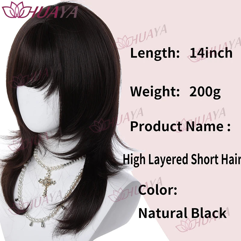 Women Synthetic Hair Wig, Natural Black Wolf Cut with Bangs, 14 Inches High Layered Mullet Hairstyle Wig, Unisex for Men and Wom