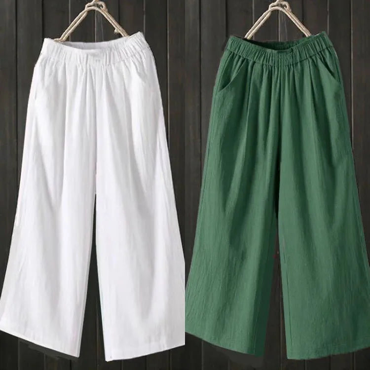 Pure Cotton Wide Leg Pants Women's Summer Loose Mom Large Size Cotton Nine Points Casual Pants High Waist Straight Cut Trousers