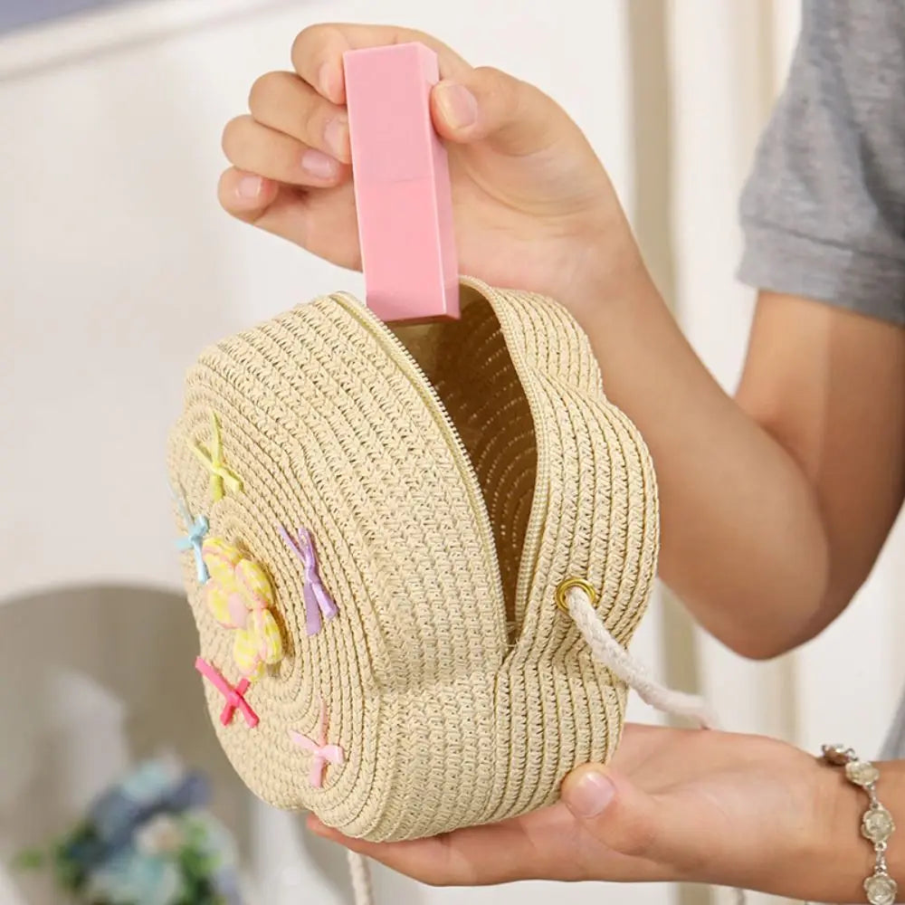 Cute Summer Children Girls Shoulder Bag Flower Bow Handmade Straw Baby Bags Messenger Bag Kids Keys Coin Purse Cute Mini Handbag