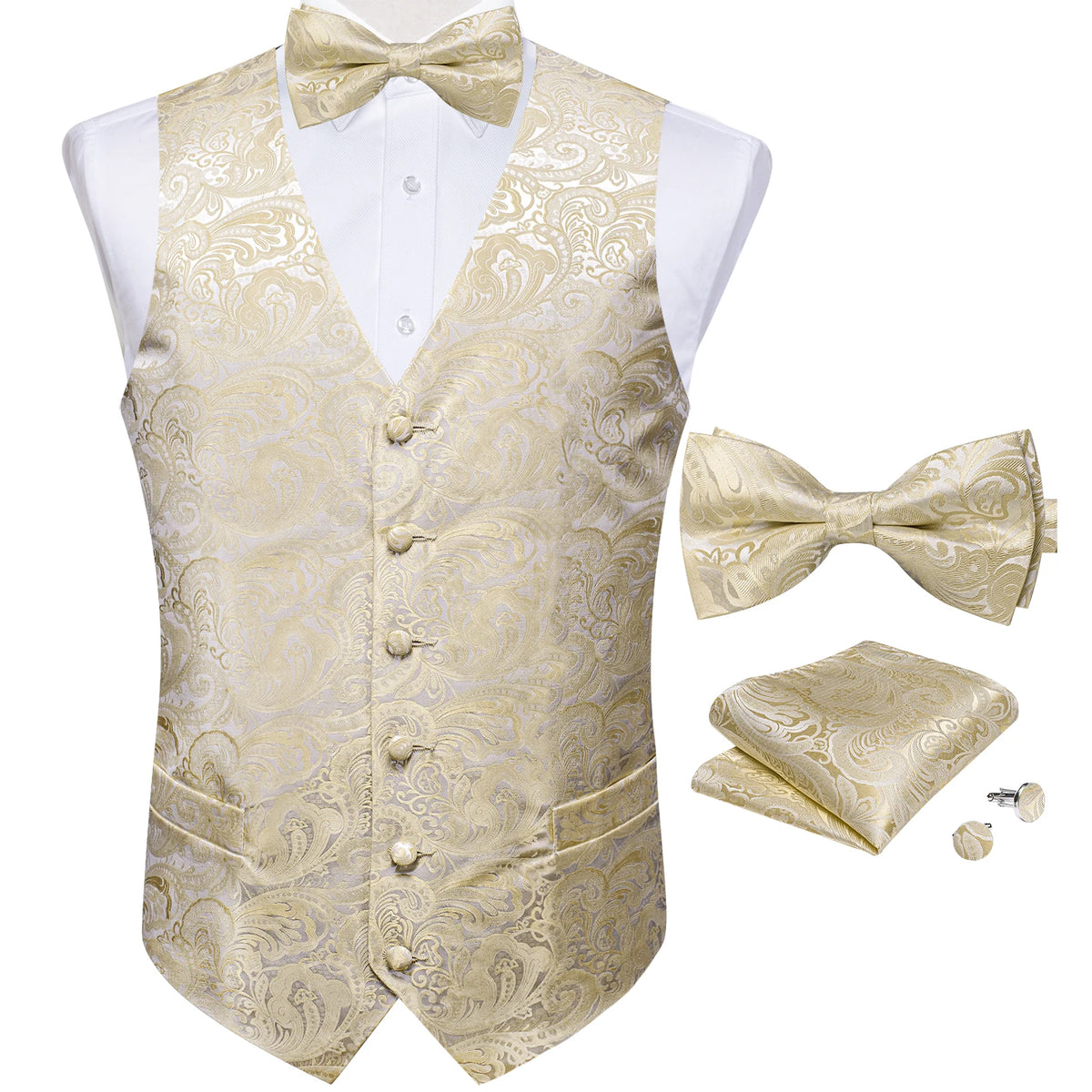 Wedding Classic Red Paisley Dress Vest for Man Fashion V-neck Luxury Men's Business Waistcoat Bowtie Pocket Square Cufflinks Set