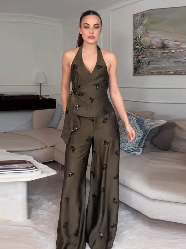 Sequin Knot Long Pants Set Halter V Neck Open Back Tie Waist Solid Top Wide Leg Bottoms 2026 Casual Elegant Fashion Chic Outfit
