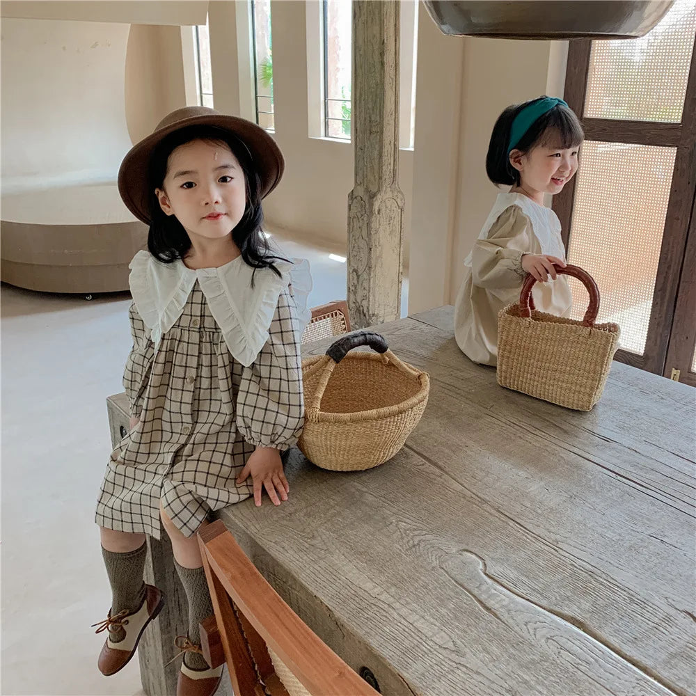 Spring toddler children  Girls' Clothing Korean Retro Dress costume For kids Girls' Clothes 1 2 3 4 5 6 T Birthday Plaid Dress