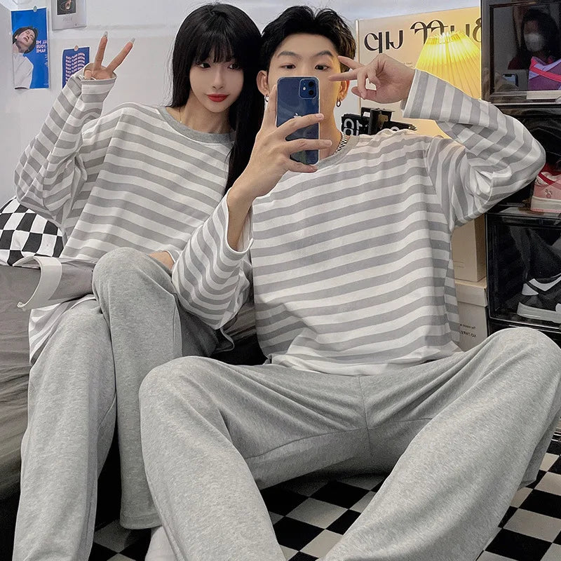 Cartoon Cute Pajamas Set For Women Men Cotton Couples Homewear Autumn Spring Long Sleep Tops Pant Nightwear Mujer hombre