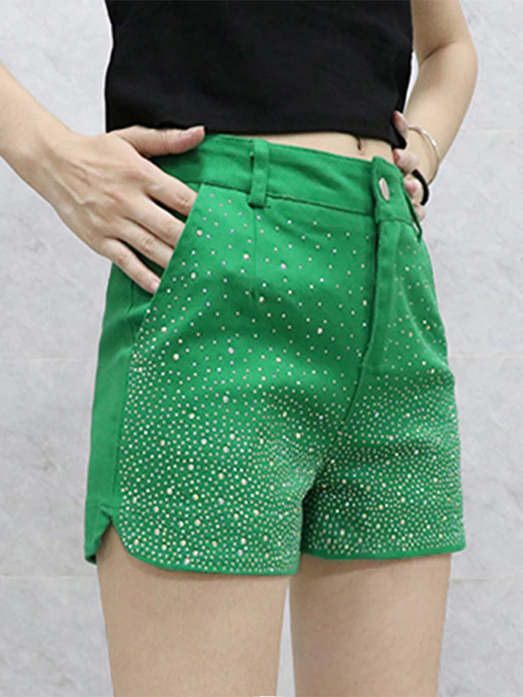 Women's High Waist iny Sequin Denim orts Summer New Sle Korean Version Slimming Elastic Wide Leg A-Line Hot Pants
