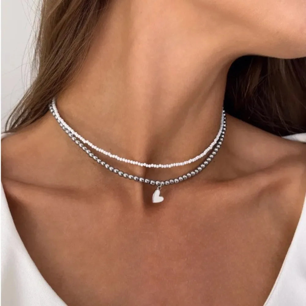 Fashion Y2K Love Heart Pendant Beaded Necklace for Women Multi-layer Chains Choker Decoration Party Gifts Jewelry Accessories