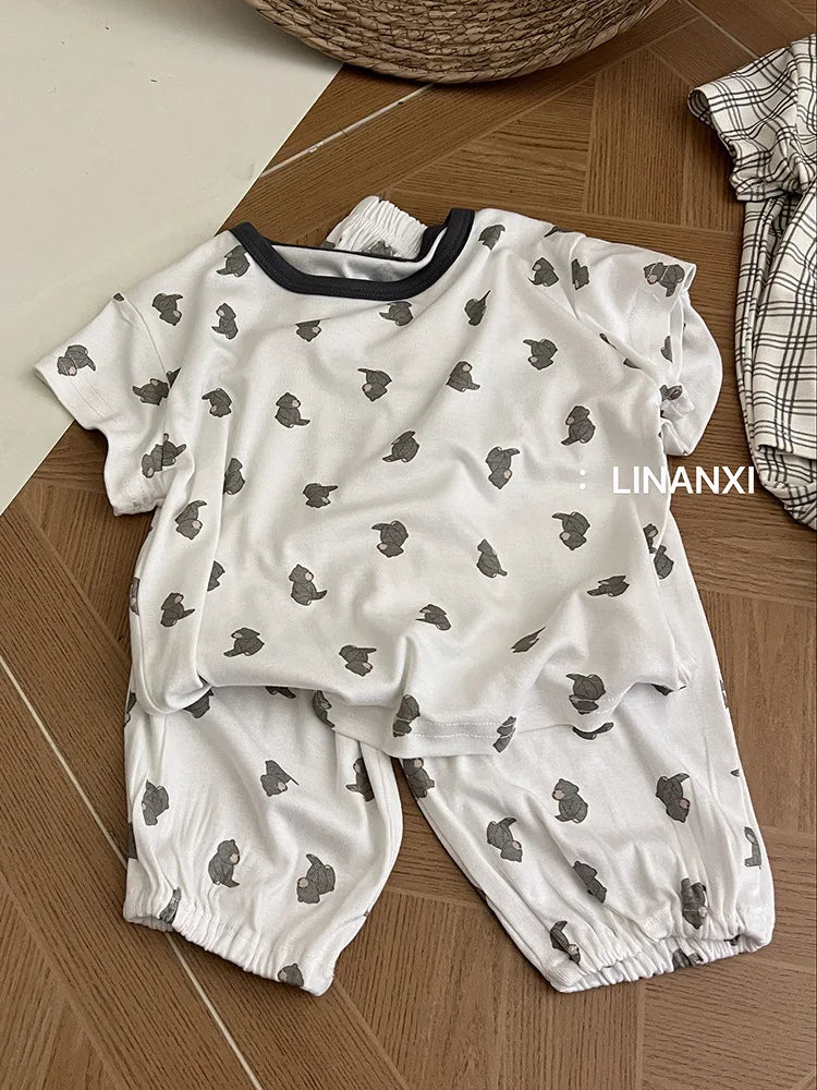2025 Summer Kids Pajama Sets Home Wear Clothes Children's New Pajamas Knitted Set Cartoon Print Sleepwear Pajama Set
