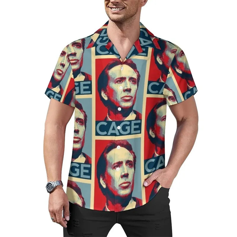 3D Printed Nicolas Cage Lapel Shirt For Men Casual Short Sleeve Button Up Beach Shirts Tops Streetwear Men's Aloha Shirt