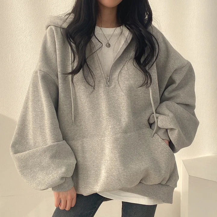 Women Hoodie Harajuku Loose Oversized Solid Color Top Half Zip Up Sweatshirt Female Casual Long Sleeve Pocket Hooded Coats 2025