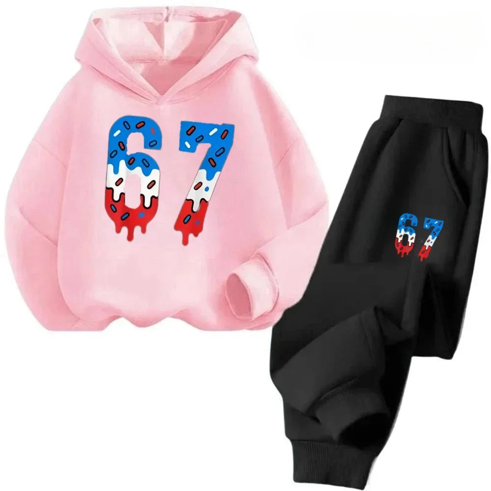 67 Chic Children's Hoodies Set 4-13Y Korean Streetwear Block Tracksuit Fashion Comfortable Kids Sweatshirt 2 Pcs Sets Pant Suit