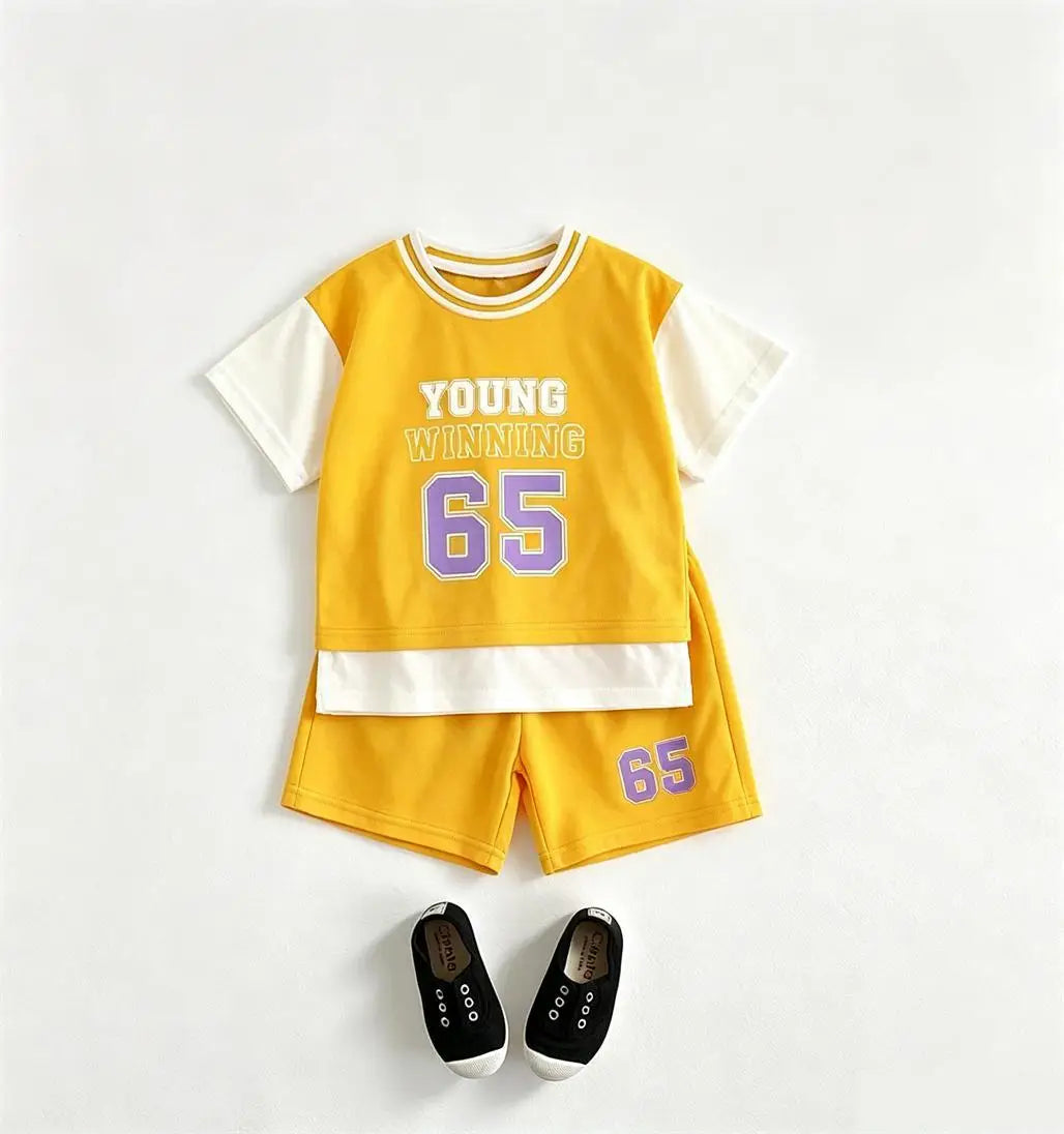 2026 Summer Child Sports Wear Short-sleeved Outfits Fashion Casual Clothing Round Neck TShirt+Shorts Kids New Two Piece Set