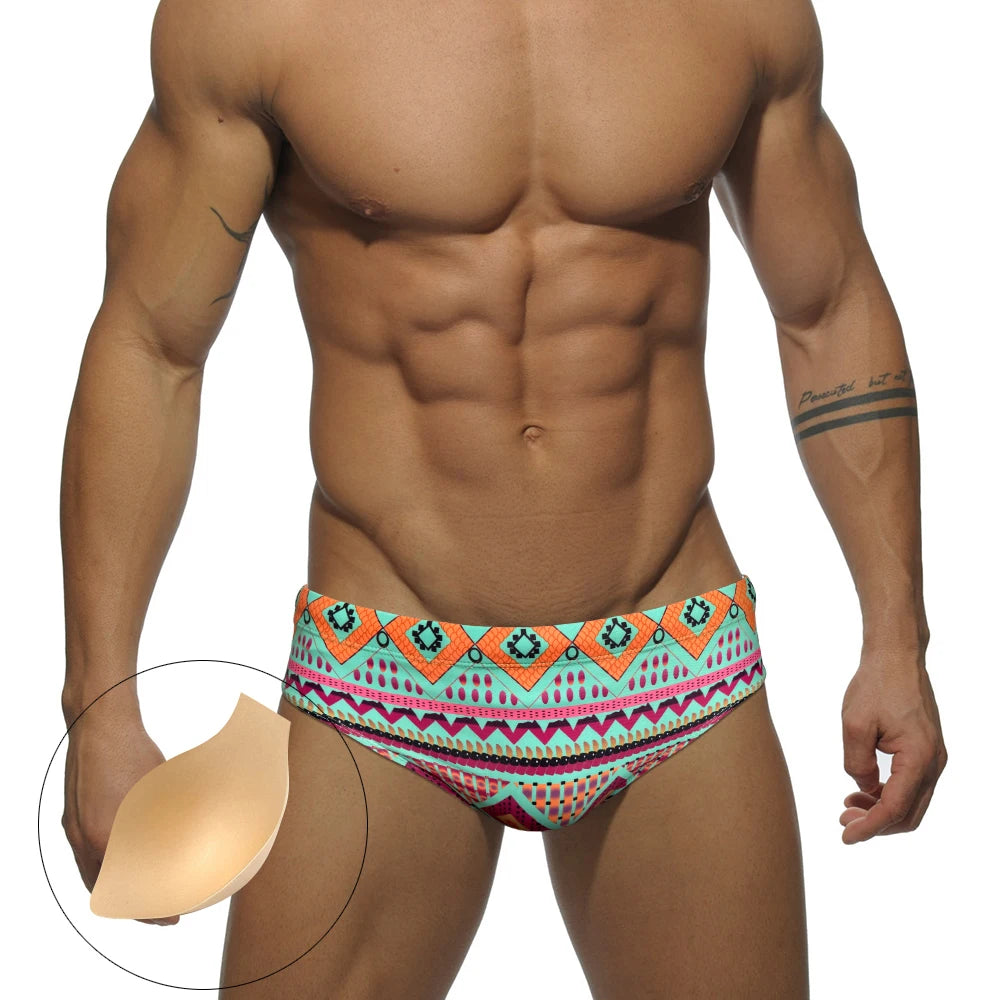 Summer Swimwear Man Swimming Briefs Sexy Mens Low Waist Print Swimsuit Sunga Hombre Pad Push Up Sport Quick Dry Bathing Suit