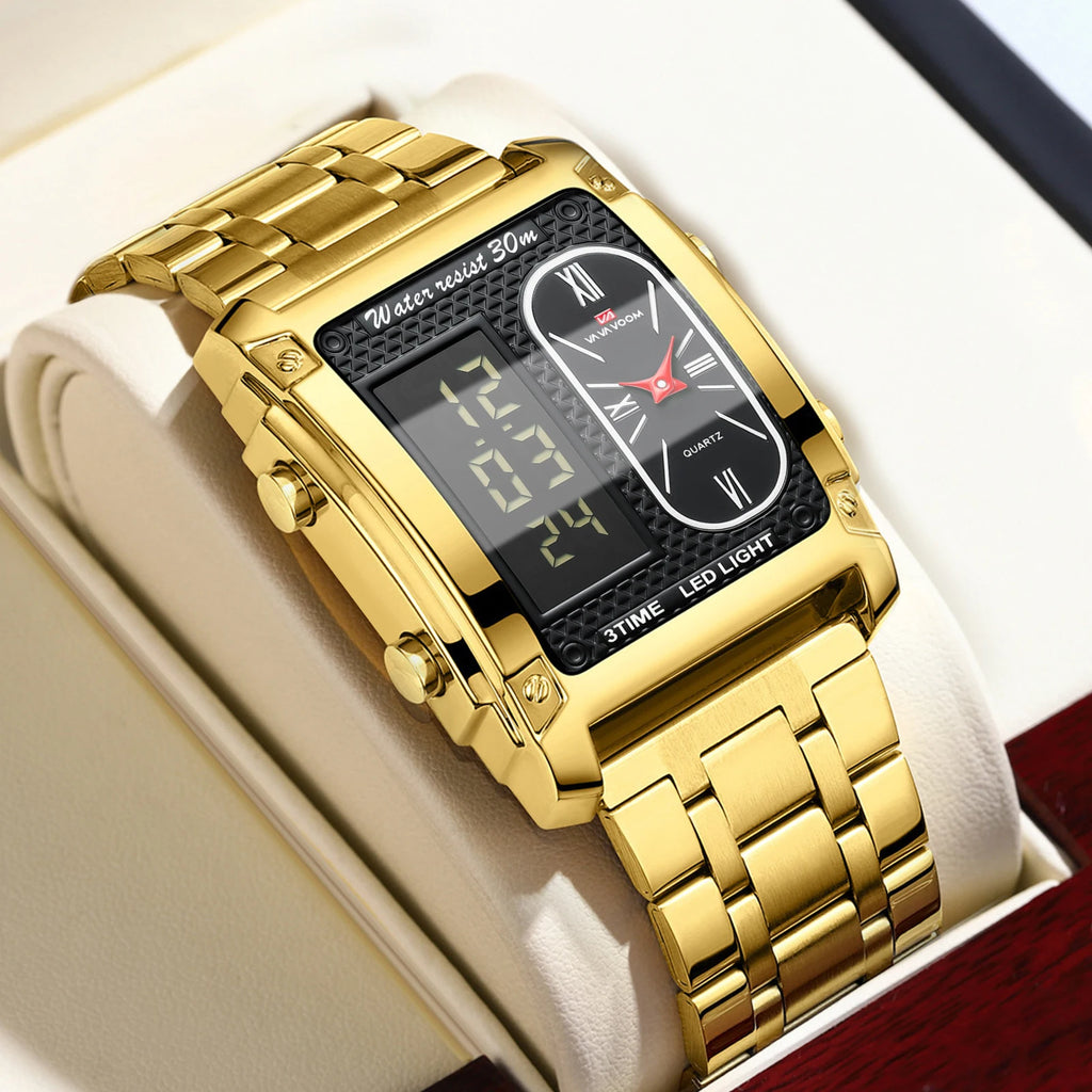 Men Electronic Watch With 50mm Rectangular LED Display Gold Stainless Steel Timing Clock Suitable Business Leisure Watch for Men