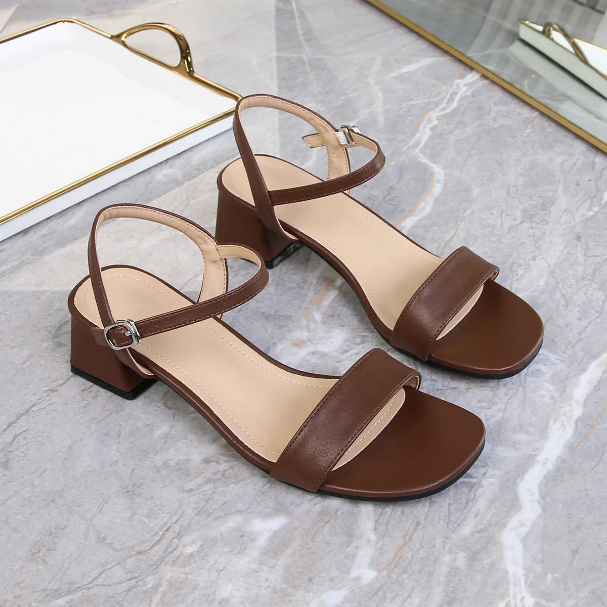 Sandals for Women Summer Fashion Soft Leather Chunky Sandals Round Head Open Anti-slip Wear-resistant High Heels Plus Size 44