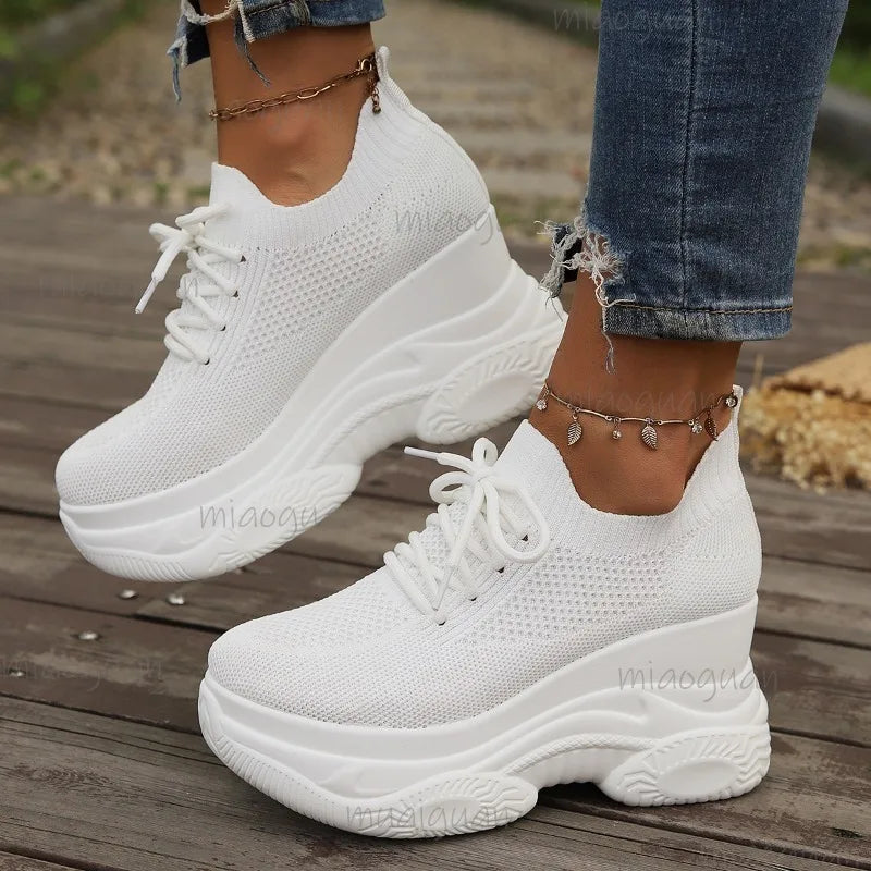 Black Knitted Wedges Heel Sneakers Women Spring Autumn Breathable Chunky Platform Sneakers Woman Slip on Mesh Sports Shoes 35-42