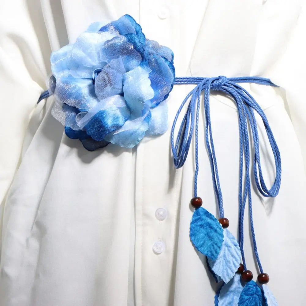 Women Big Flower Decorative Dress Accessories Handmade Bohemian Waistband Tassel Braid Belts Tie Strap Woven Waist Rope