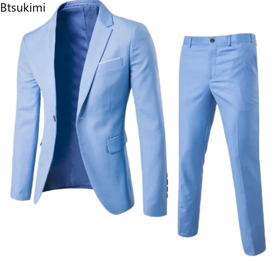 High Quality Men's Suit Sets Fashion Party Wedding Groom Outfits Solid Color Slim Elegant Two Piece Sets Blazer Jacket and Pants