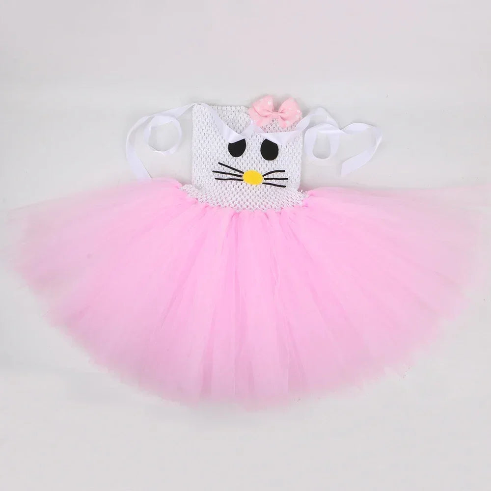 Kitty Costume for Girls Pink Tulle Tutu Dress Birthday Party Princess Dress Toddler Kids Halloween Cartoon Cat Dress Up Clothes