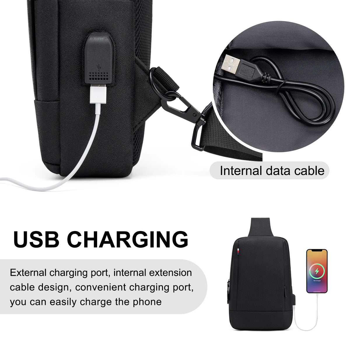 Men Bag Fashion New Solid Color Men Chest Bag Outdoor Casual Fashion One Shoulder Crossbody Bag Nylon USB Charging Shoulder Bags