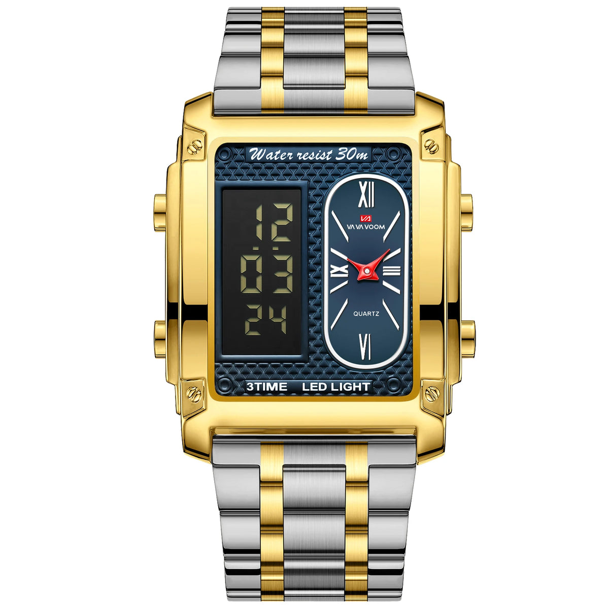 Men Electronic Watch With 50mm Rectangular LED Display Gold Stainless Steel Timing Clock Suitable Business Leisure Watch for Men
