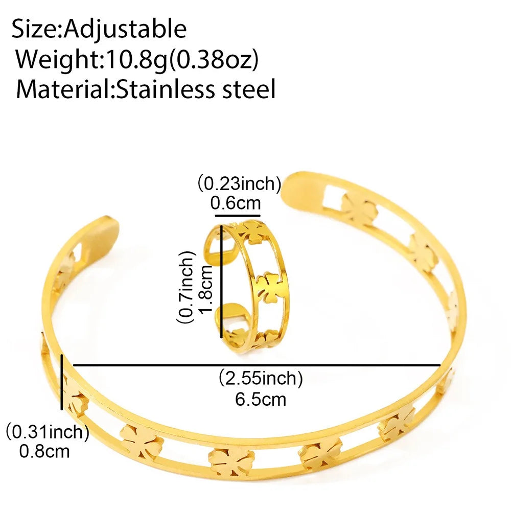 2pc Jewelry Set Bracelet Ring Four-bladed Grass Circular Hollow Bracelets High-end Stainless Steel for Women Man African Jewelry