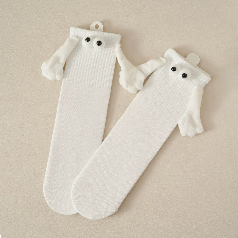 1 Pair Women Fashion Funny Socks Creative Magnetic Attraction Hands Black White Cartoon Eyes Couples Socks