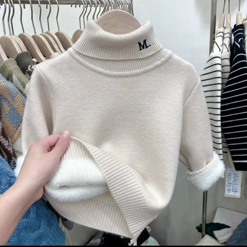 Autumn Winter Fashion High Neck Pullover Long Sleeve Sweaters for Kids Linen Fashion Warm Thicken Children's Clothing Solid Tops
