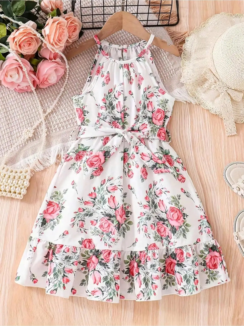 Elegant Fitted Dress for Kids,Perfect for Warm Weather, Little Girl Boho Floral Halter Dress, Tiered Ruffle Hem Summer Sundress