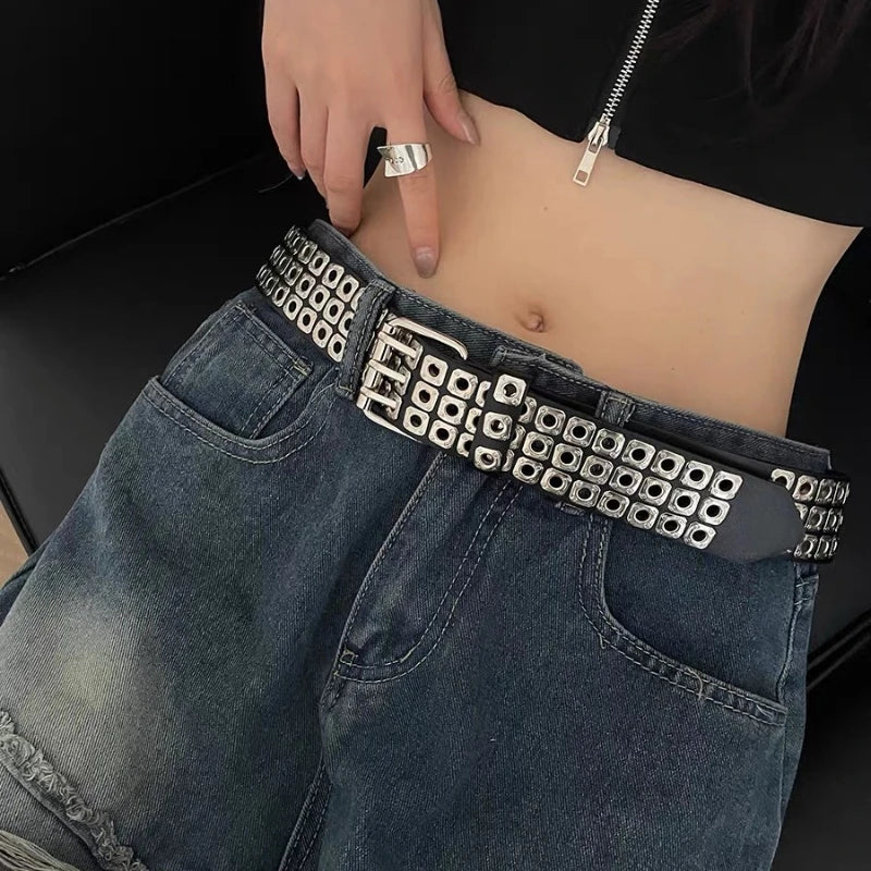 New Women Belt  Fashion Square Beads, Willow Nails, Three Exhaust Eyes, Punk Street Cool, Personalized Men's and Women's Belts