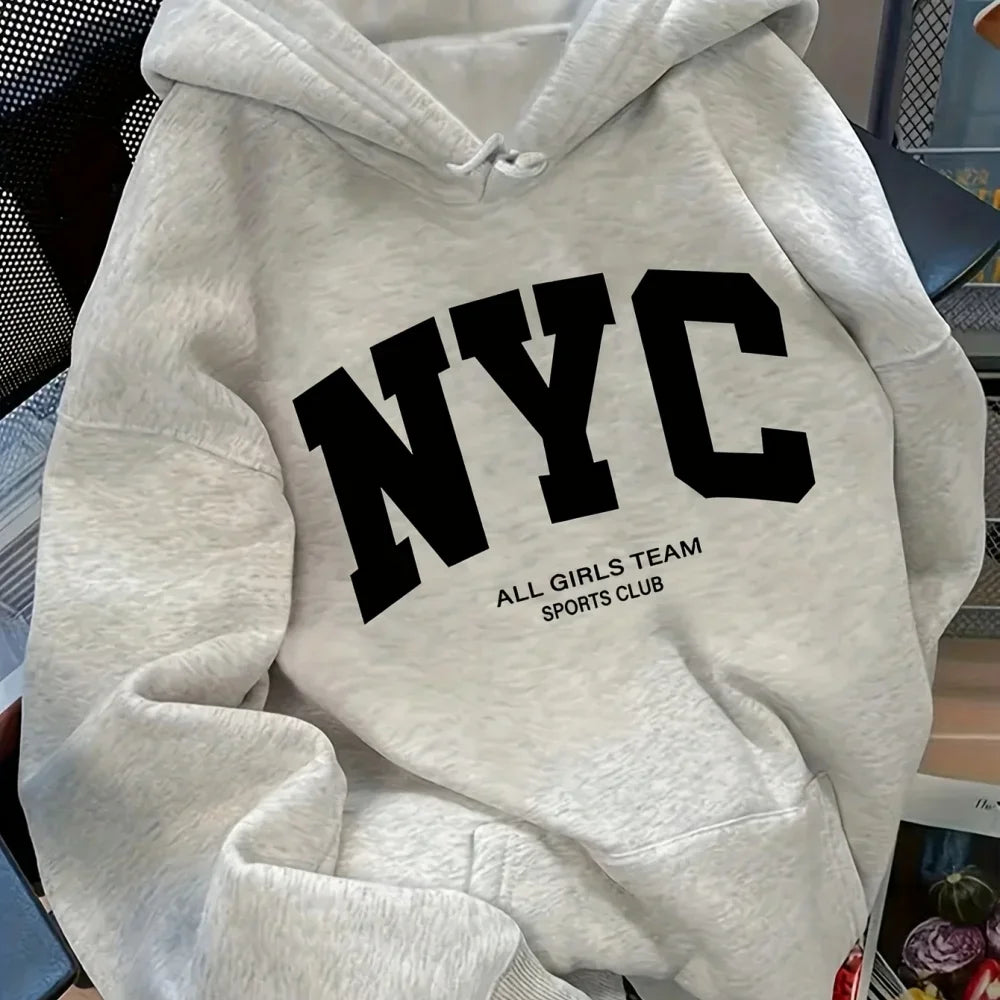 New Fall/Winter Comfortable Navy Blue New York Team Hoodie - Long Sleeve, Couples' Street Style Hoodie, Casual Pullover with POC