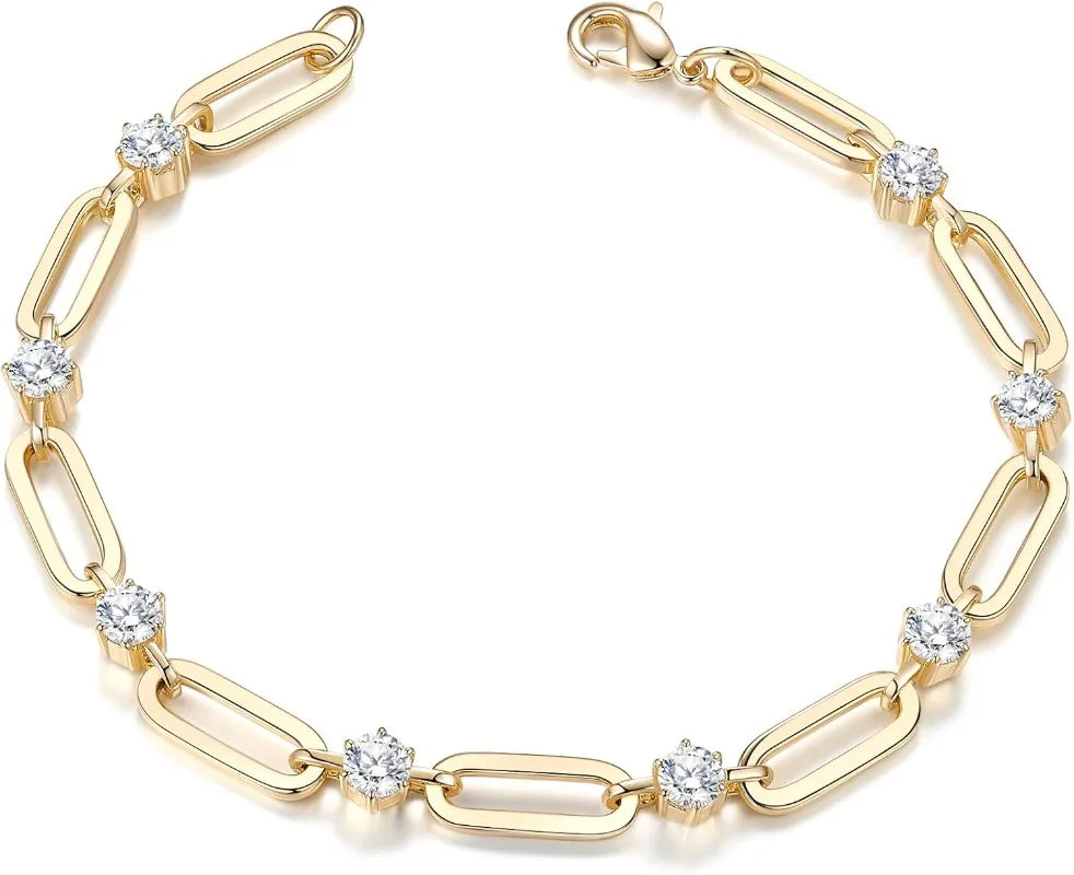 Gold Bracelets for Women Dainty 14K Gold Plated  Cubic Zirconia Paperclip Chain Bracelet Trendy Jewelry