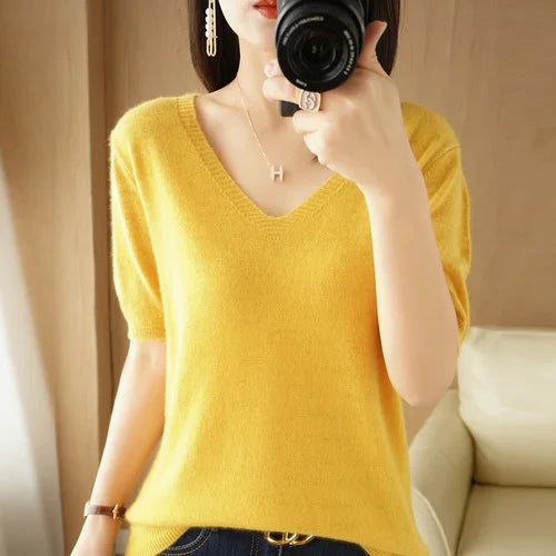 Women Sweater Casual Short Sleeve Pulls 2025 Spring Summer V-neck Knitwears Korean Fashion Shirts Tops Pullovers Soft Jumpers