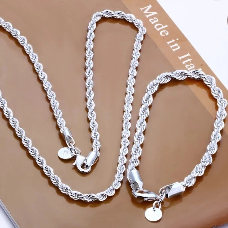 High Quality 925 Silver 4MM Women Men Chain Male Twisted Rope Necklace Bracelets Fashion Silver Jewelry Set