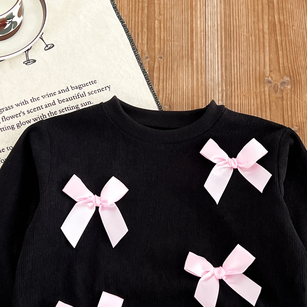 Kids Clothing Sets New  Autumn Bow Long Sleeve Black Sweatshirt Pink Pleated Skirt 2-Piece Girl Clothing Suits