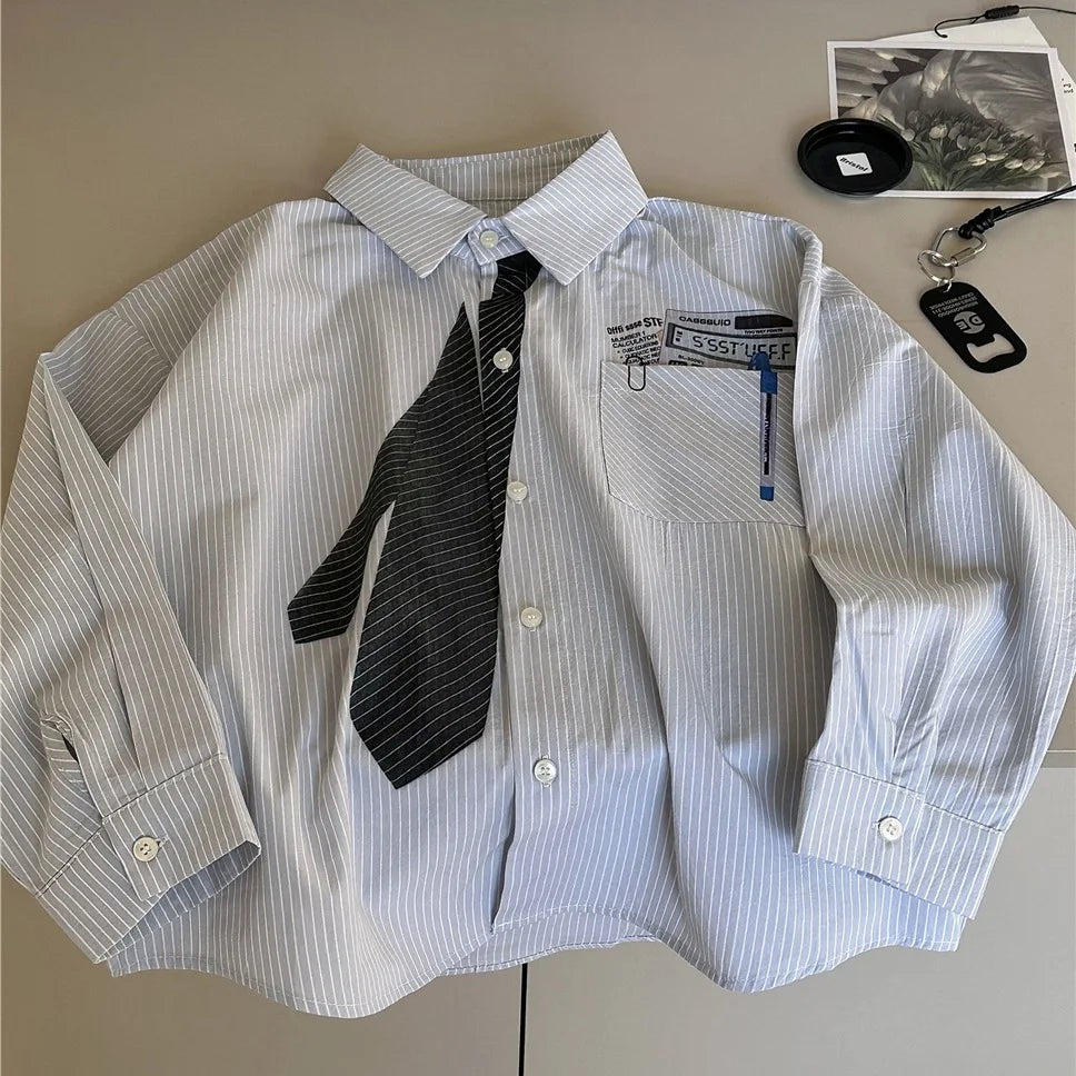 Children Clothes Kids Casual Shirt Spring 2026 Boys Striped Shirt Korean-style Tie Print Girls Stylish Simple Kids Casual Shirt