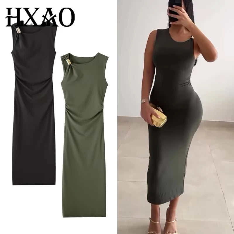 HXAO Green Women's Dress Sleeveless Black Midi Dress Ruched Party Long Dresses 2025 Woman Bodycon Summer Holiday Dresses 088
