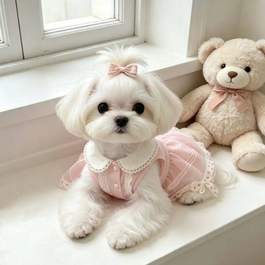 Pet Dog Cats Clothes Korean Pink Print Bow Cute Princess Dresses for Small Medium Dog 2026 Summer Puppy Home Wear Skirt Clothing