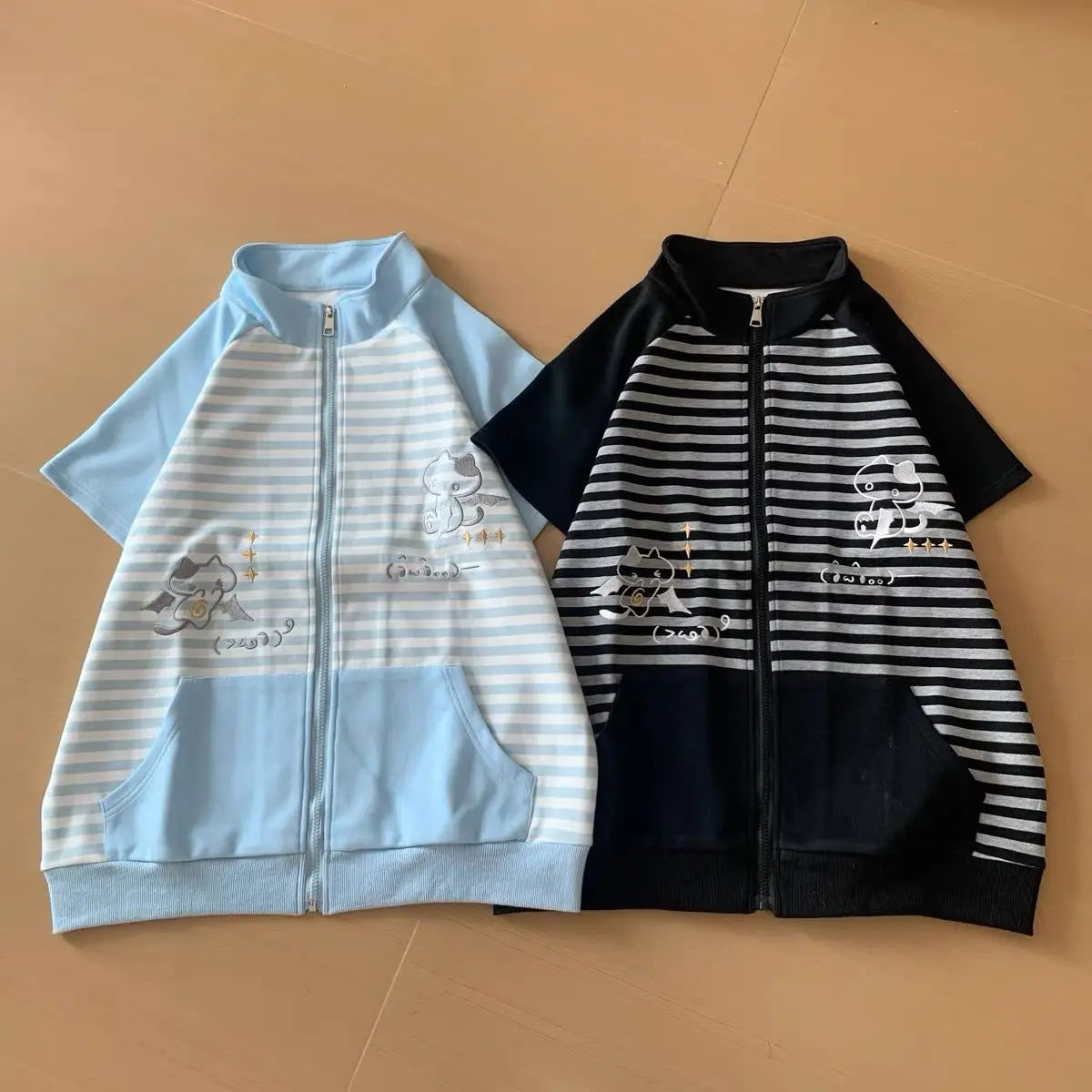 Y2k Japanese Short Sleeve Hoodie Sweet Women Casual Bodycon Kawaii Top Stand Collar Cat Embroidery Zipper Spring Summer