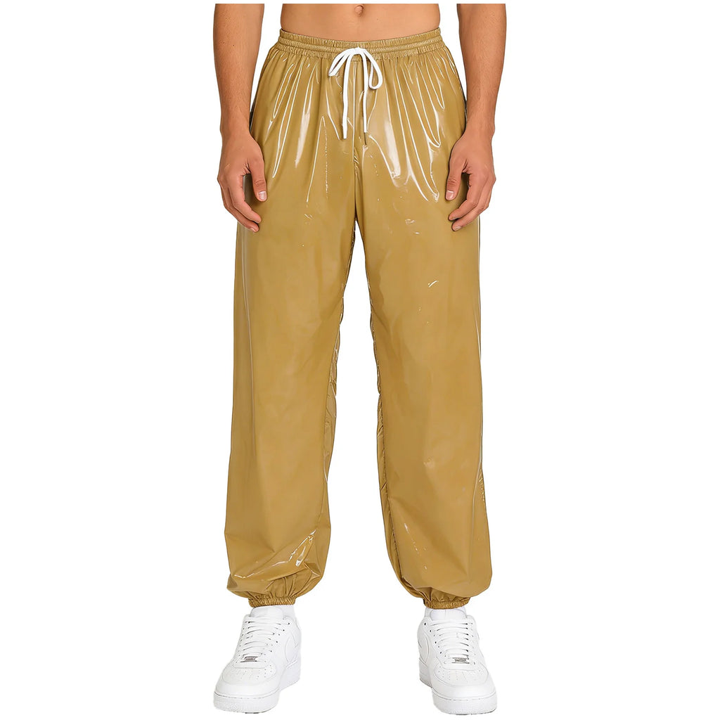 Mens Shiny Waterproof Jogging Pants Y2K Drawstring Waistband Side Pockets Trousers Track Baggy Glossy Pants Hip Hop Trousers