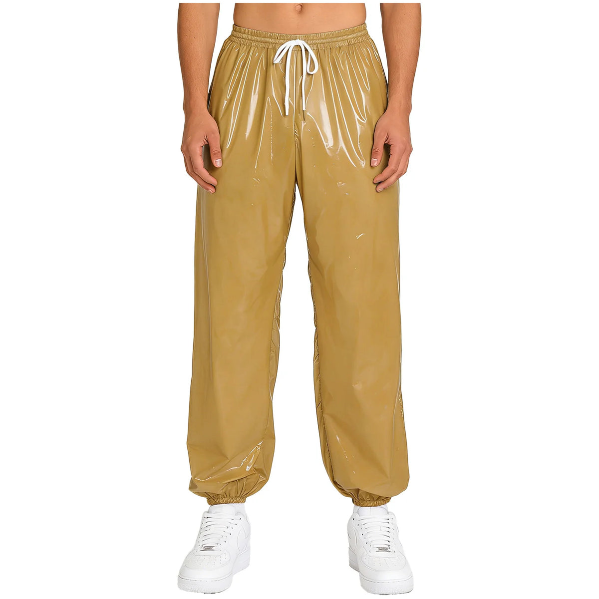 Mens Shiny Waterproof Jogging Pants Y2K Drawstring Waistband Side Pockets Trousers Track Baggy Glossy Pants Hip Hop Trousers