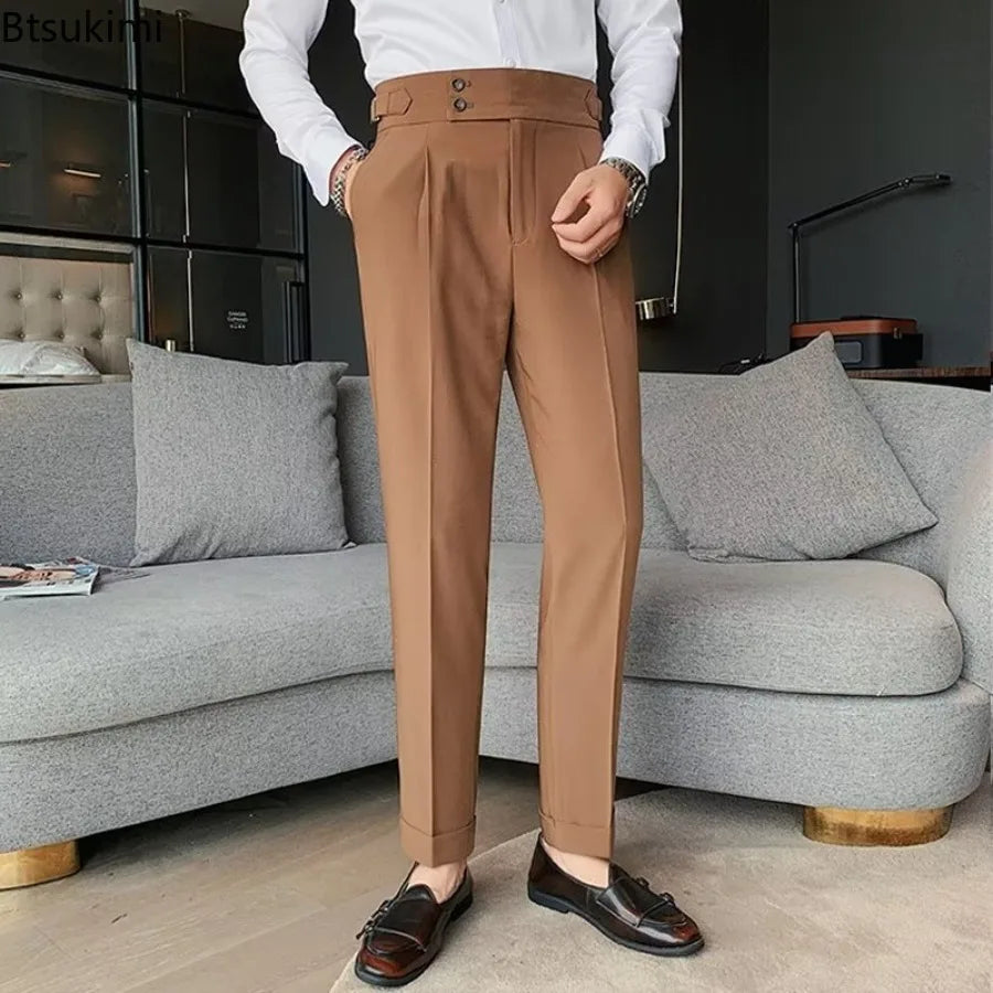 New 2026 Men's Solid Color Suit Trousers Classic Button Single Pleat Slims Pants for Men Silhouette Business Casual Pants Male