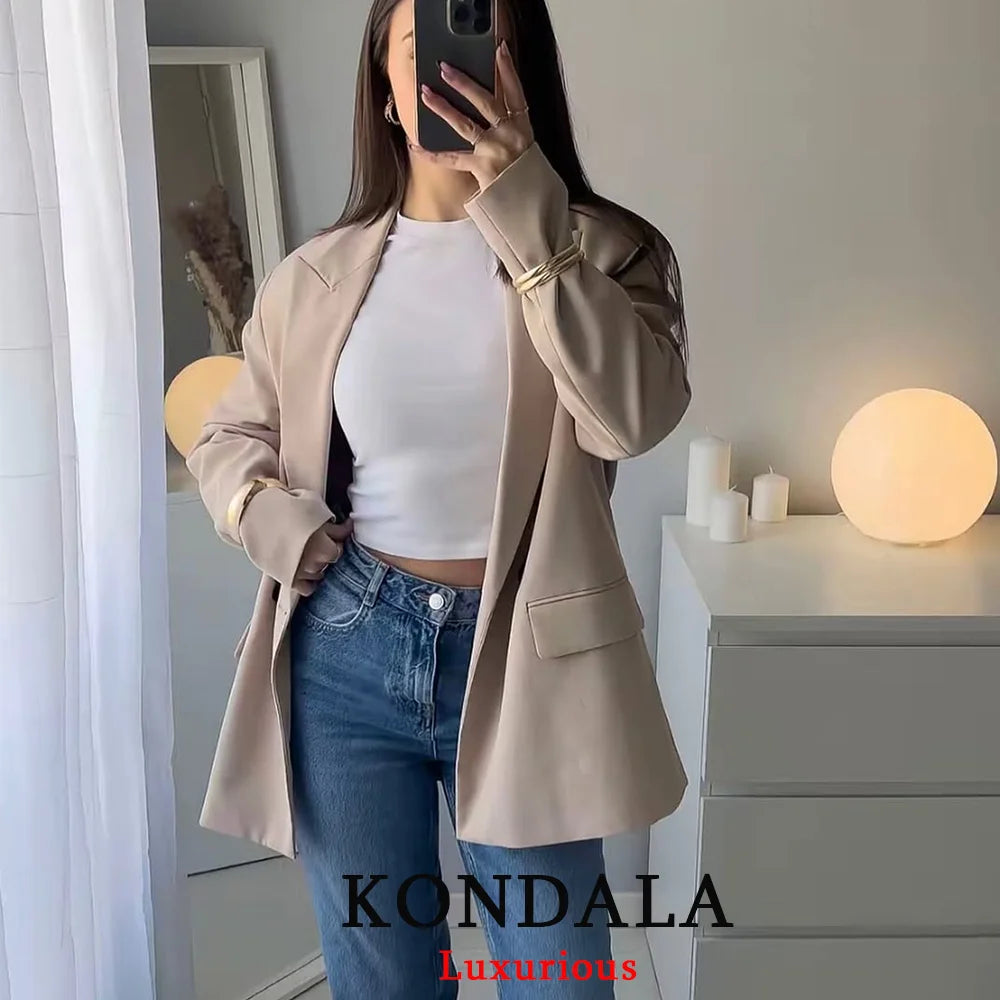 KONDALA Vintage Office Lady Chic Blazer Women V Neck Long Sleeve Pockets Loose Jacket Fashion 2026 Spring Summer Elegant Outwear