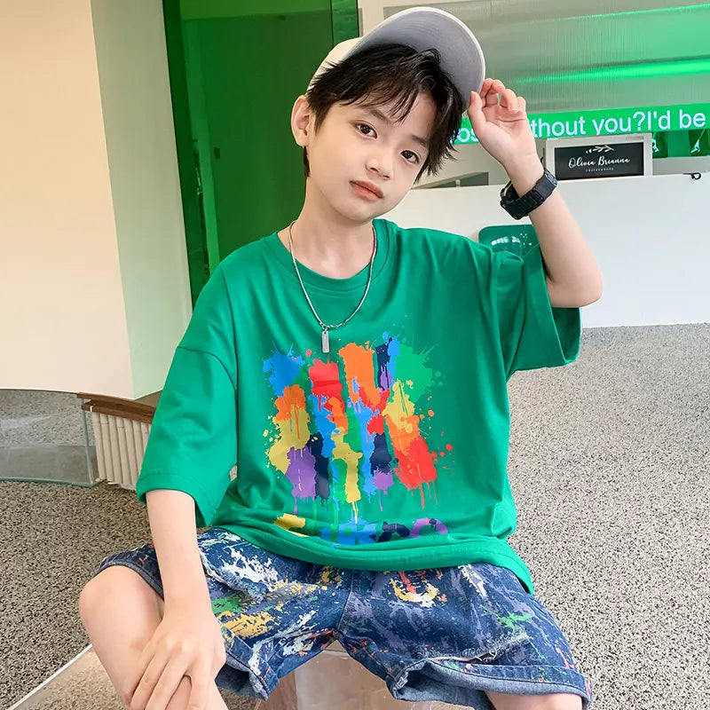 New Arrivals Tshirts for Boys Kid Korean Casual Painting Print Graffiti Pattern Children's Clothes Cotton Loose Student T-Shirts