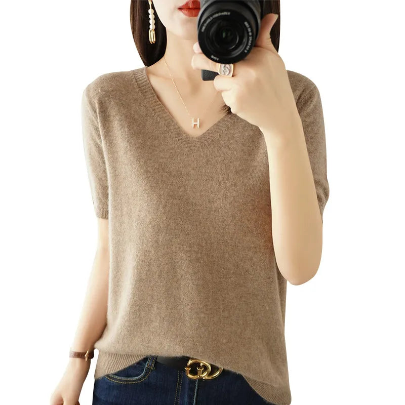 Women Sweater Casual Short Sleeve Pulls 2025 Spring Summer V-neck Knitwears Korean Fashion Shirts Tops Pullovers Soft Jumpers