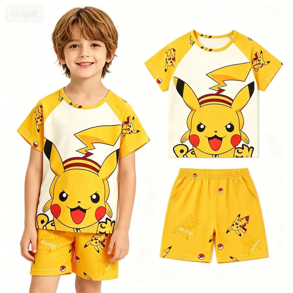 Animal Cartoon Boys Summer Pikachu Pajamas Sets Kids Summer Tops + Shorts Cartoon Sleepwear Pyjamas Toddler Kids Clothes Suits
