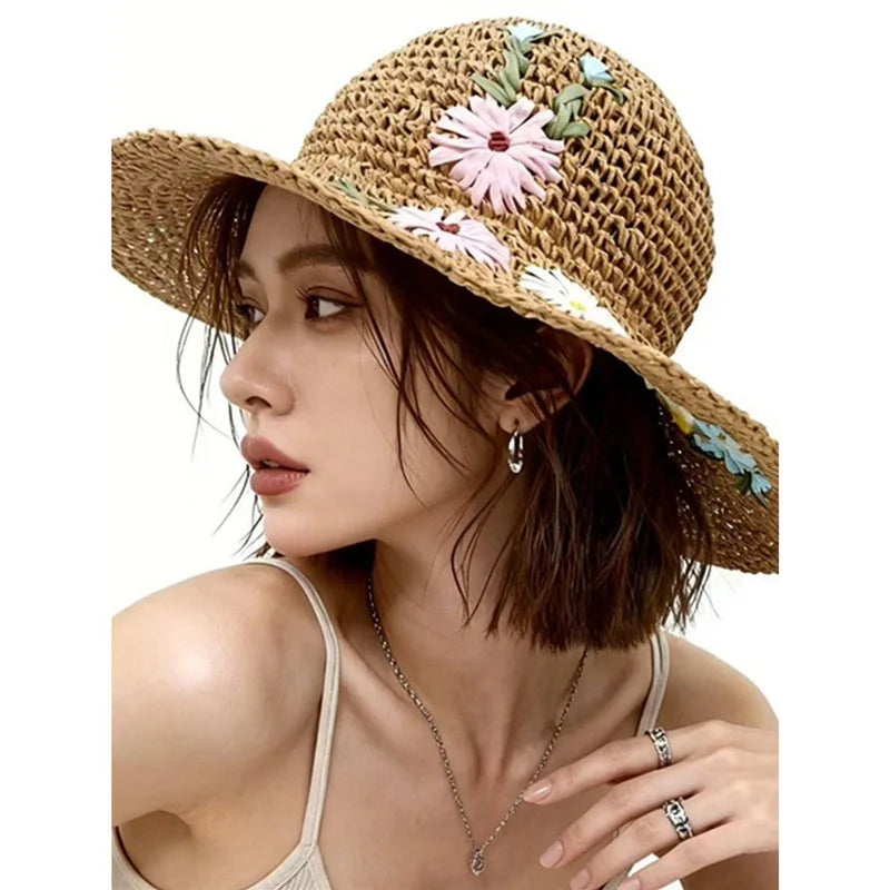 Colorful Flower Straw Hats for Women Boho Embroidered Flower Weave Hat Foldable Korean Hollow Out UV Protection Sun Cap Outdoor