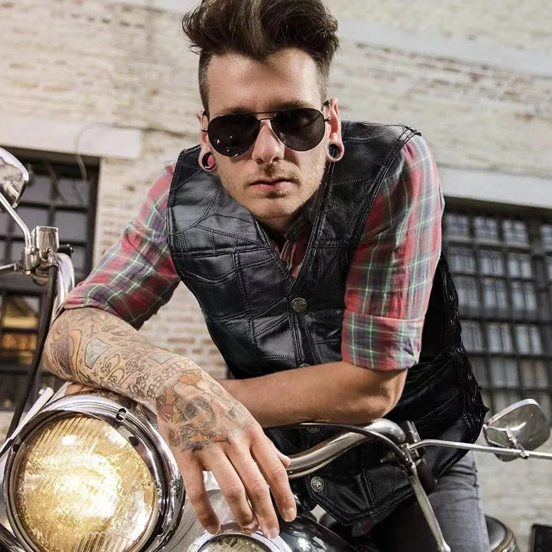 Classic motorcycle leather jacket  Men's vest  Leather patch shirt Cycling jacket  Plain leather patching