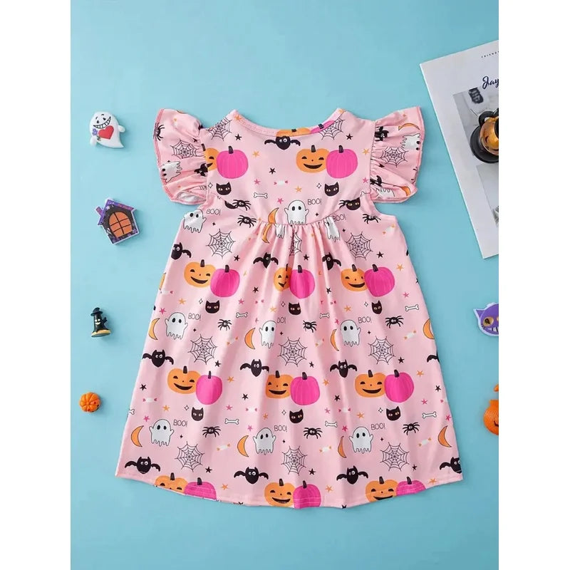 Children's Halloween Cartoon Print Dress Casual Elegant Fashionable round Neck Ruffled mid Length Skirt for Kids