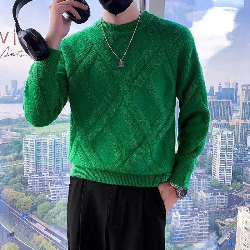 White Knitted Sweaters for Men Round Collar Green Crewneck Pullovers Man Clothes Clothing Knitwears Y2k Streetwear Fun Casual S