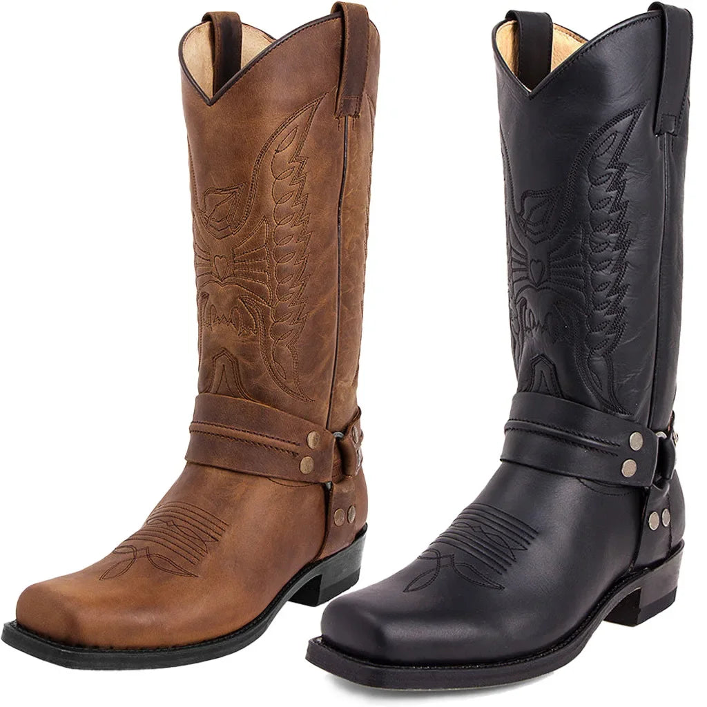 Men's Boots Handmade Men's Embroidery Thick Heel Mid-tube Boots European American Style Western Cowboy Boots