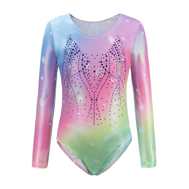 Children Girls Gymnastic Leotards Long Sleeve Unitard Sparkly Tumbling Dance Leotards 5-12 Years Kids Stage Costume